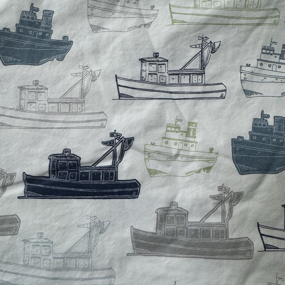 Pottery Barn Kids Tugboats Nautical Queen Flat Sheet 100% Cotton White Blue